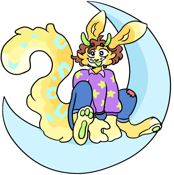 a yellow rabbit with a long spotted tail and two little antennas sitting on a big crescent moon!
